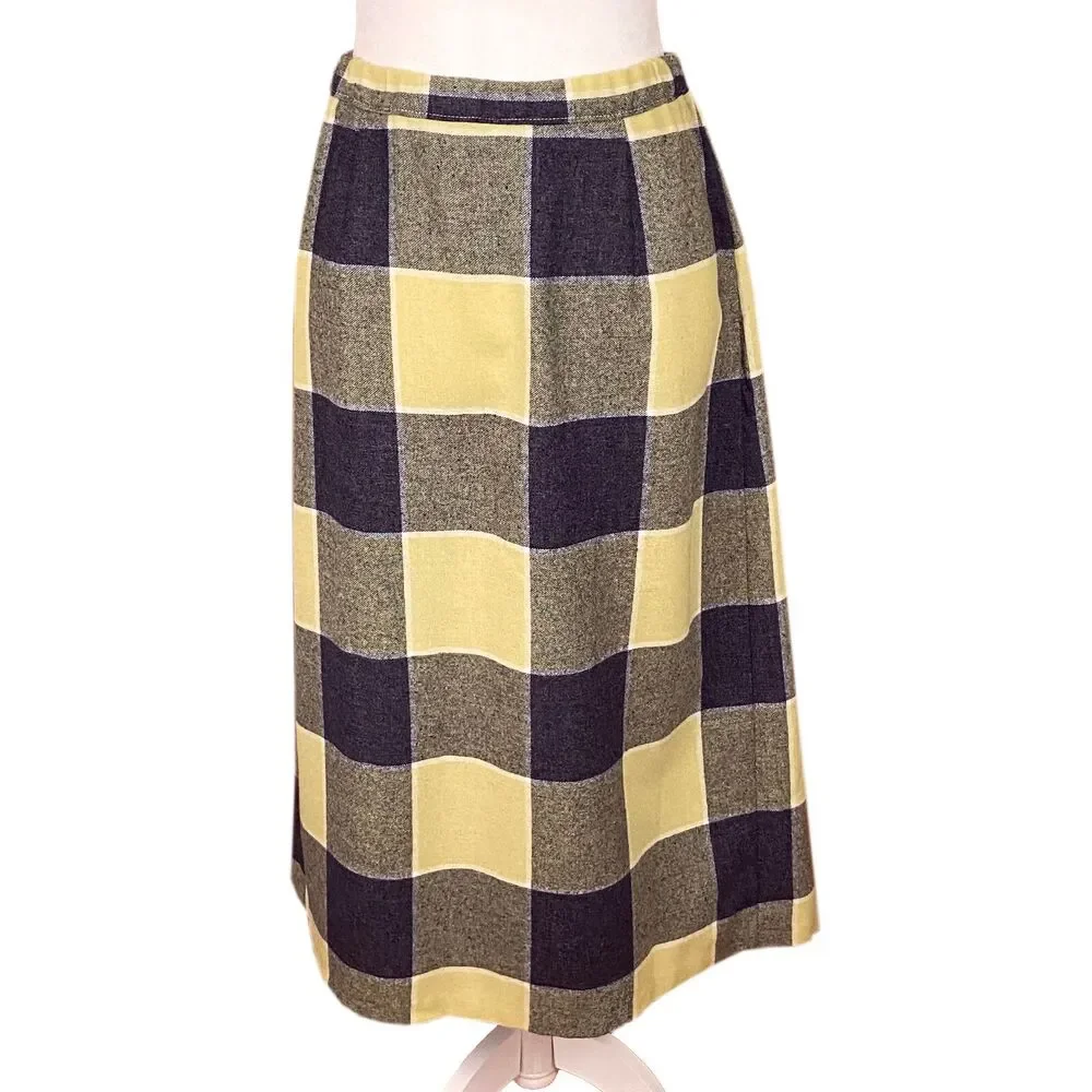 Vintage New Attitude Russ Togs Midi Skirt Sz 14 *Fits like 8* Yellow Black Plaid